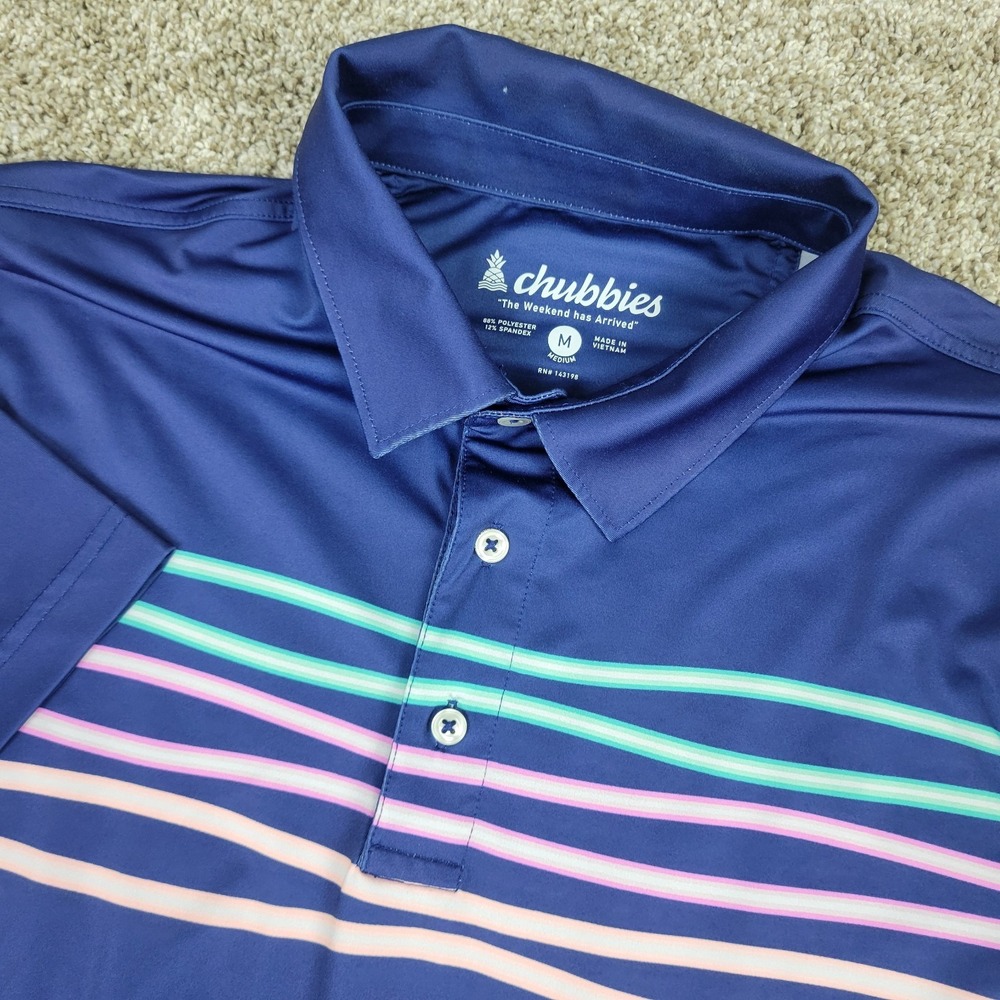 Chubbies Mens Medium Blue Chest Striped Performance Stretch Golf Polo SS